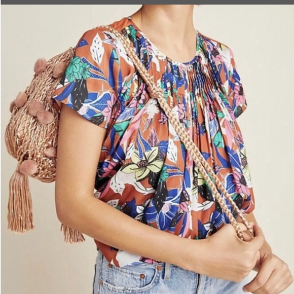 Anthropologie Dolan Left Coast Pleated Short Sleeve Flowly Floral Blouse Small - Picture 1 of 12